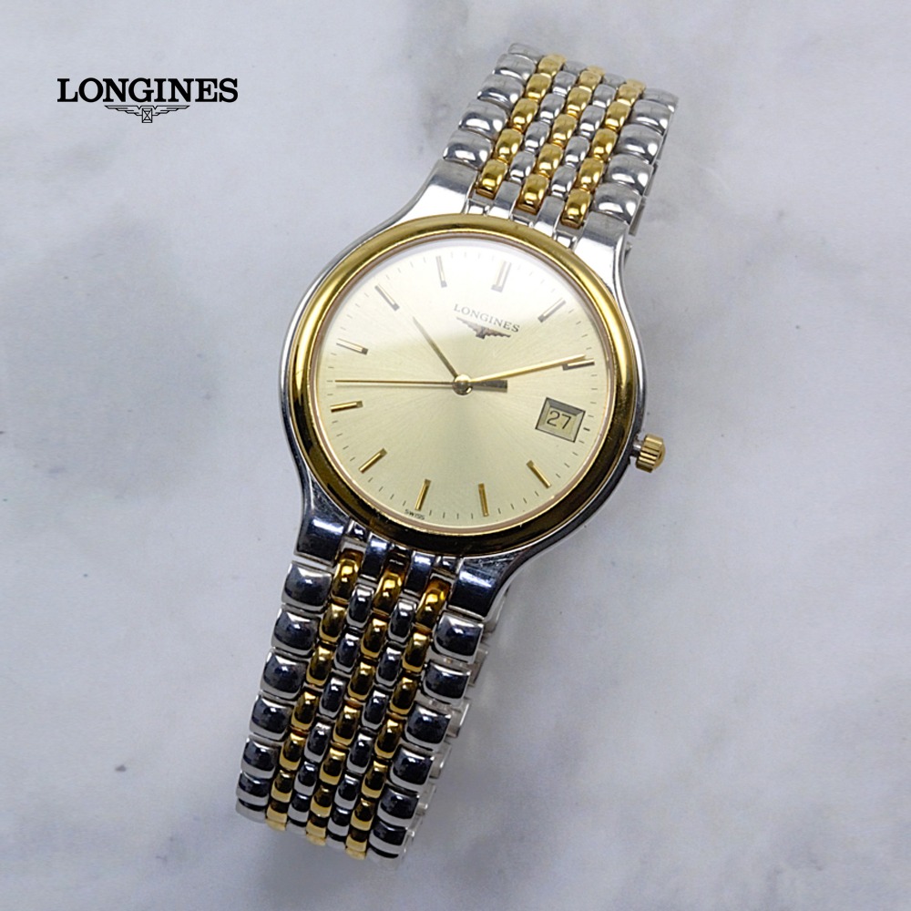 론진 L5.631.3 플래그십 컬렉션 빈티지 시계, 스틸과 골드 도금이 조화를 이루는 투톤 드레스 쿼츠 워치